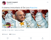 Da De Luca che si trasforma in Hulk dopo la prima somministrazione, alla foto del governatore che anziché vaccinarsi si tatua l'immagine di se stesso.