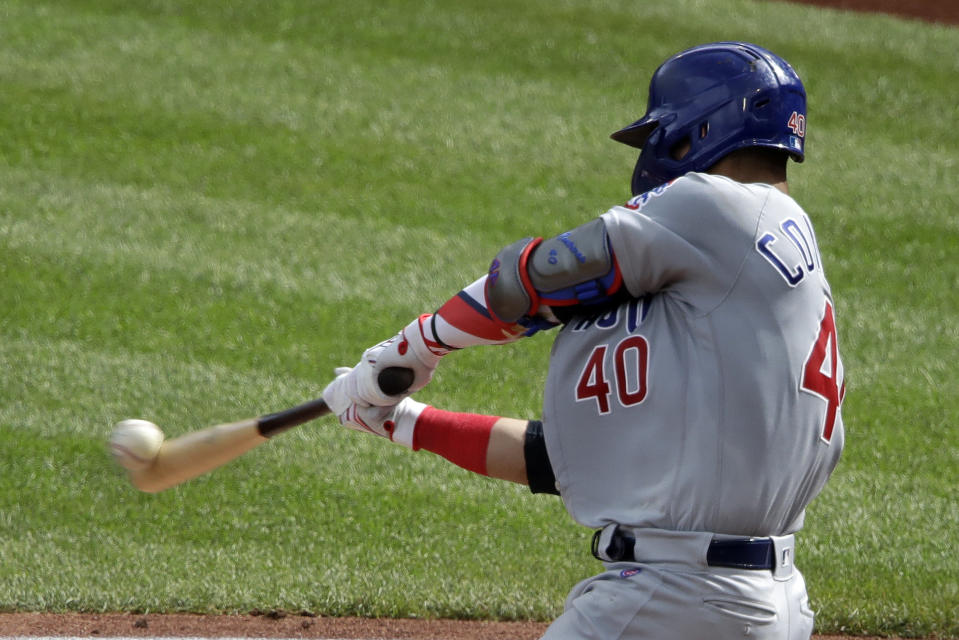 Chicago Cubs' Willson Contreras hits a two-run home run off Pittsburgh Pirates starting pitcher Jordan Lyles during the third inning of a baseball game in Pittsburgh, Thursday, July 4, 2019. (AP Photo/Gene J. Puskar)