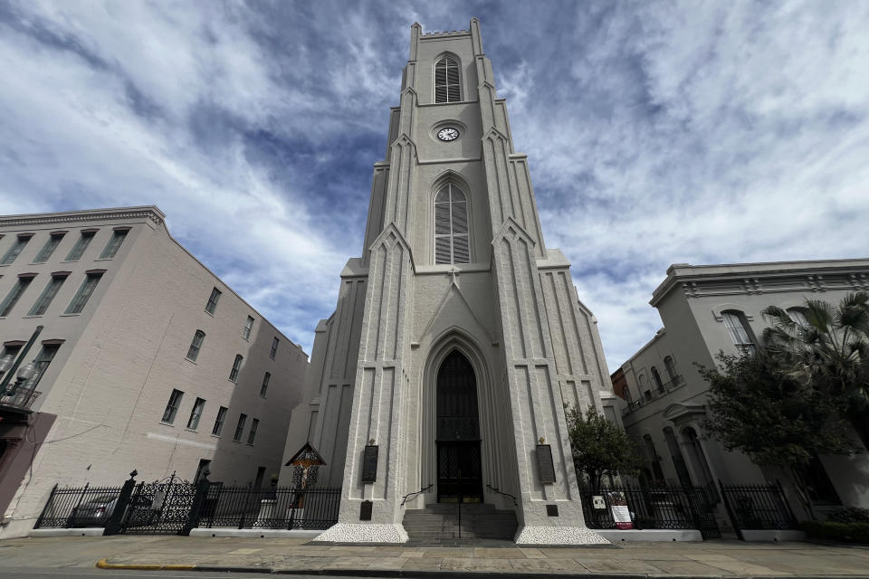 St. Patrick's Church in downtown New Orleans is seen on Thursday, March 7, 2024. The church was built by Irish Catholics in New Orleans in the 1830s and hosts St. Patrick's Day celebrations. Although New Orleans is better known for French, Spanish, African American and Caribbean influences, the Irish have played a major role in the city's history, and the city celebrates the legacy with parades and parties centered around the March 17 St. Patrick's Day holiday. (AP Photo/Stephen Smith)