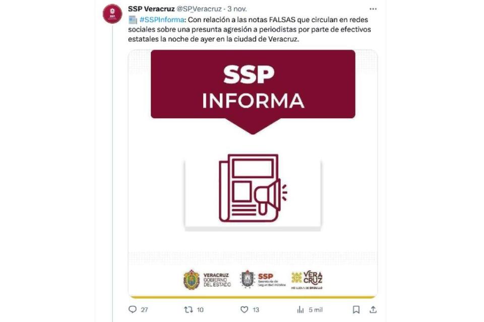 Tuit de la SSP de Veracruz negando las agresiones contra periodistas que fueron documentadas en video.