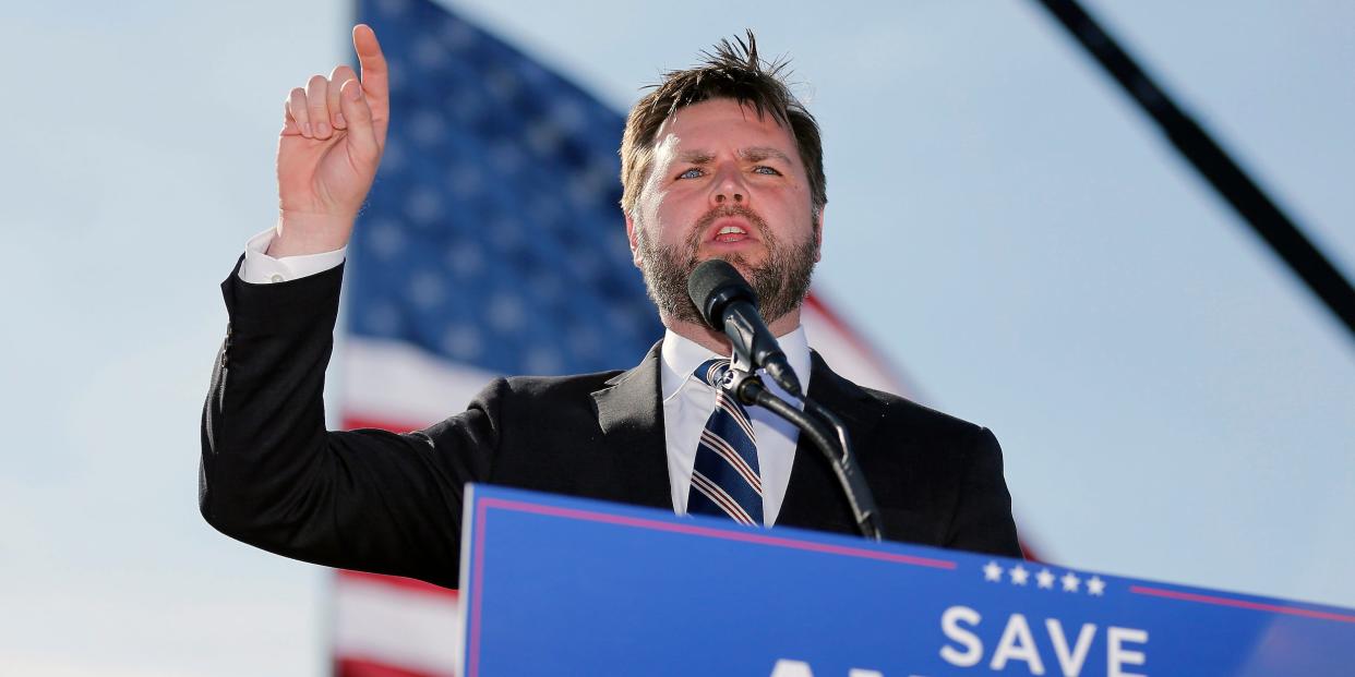 JD Vance speaks at a rally at the Delaware County Fairgrounds, April 23, 2022, in Delaware, Ohio.
