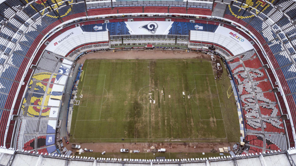 Mexico's Azteca Stadium is seen from above in Mexico City, Tuesday, Nov. 13, 2018. The NFL has moved the Los Angeles Rams' Monday night showdown with the Kansas City Chiefs from Mexico City to Los Angeles due to the poor condition of the field at Azteca Stadium. (AP Photo/Christian Palma)