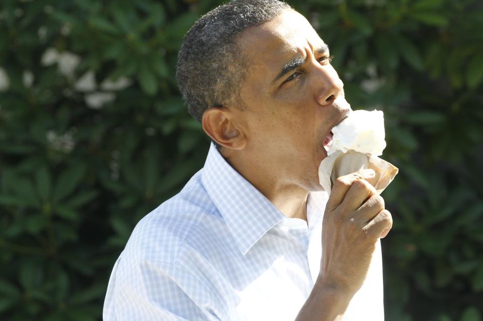 Obama seems to have issues eating ice cream cones.  This photo was taken while the family was on a weekend vacation in Bar Harbor, Maine on July 16, 2010.  