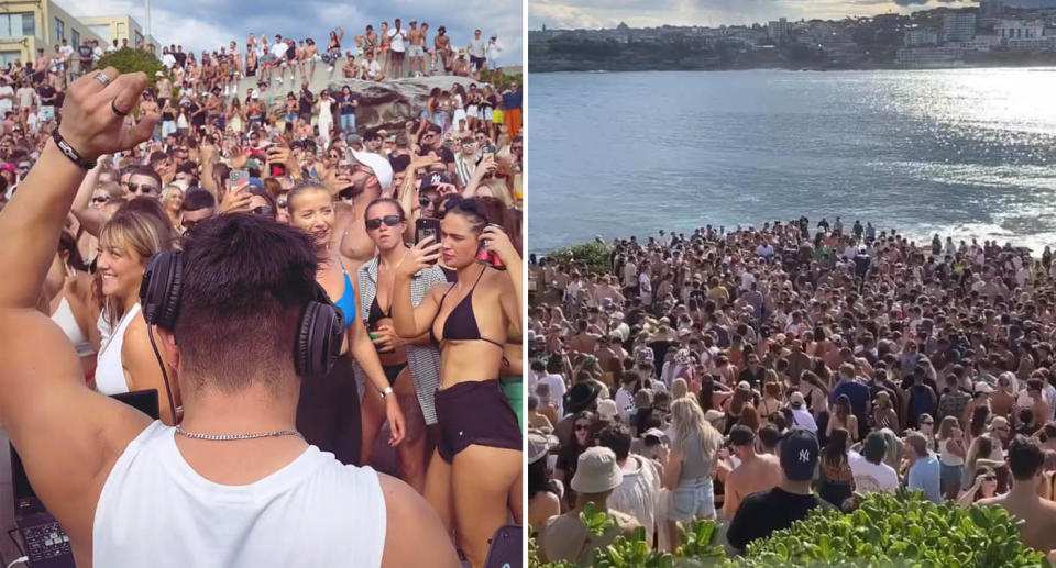 A DJ stands in front of hundreds of partygoers on a cliff in North Bondi