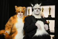 <p>Remember Cats? The remake's "stars" Rebel Wilson and James Corden poked fun at the dud/box-office flop during the telecast. Yes, that was jus last year, too. (Eric McCandless/Getty Images)</p> 