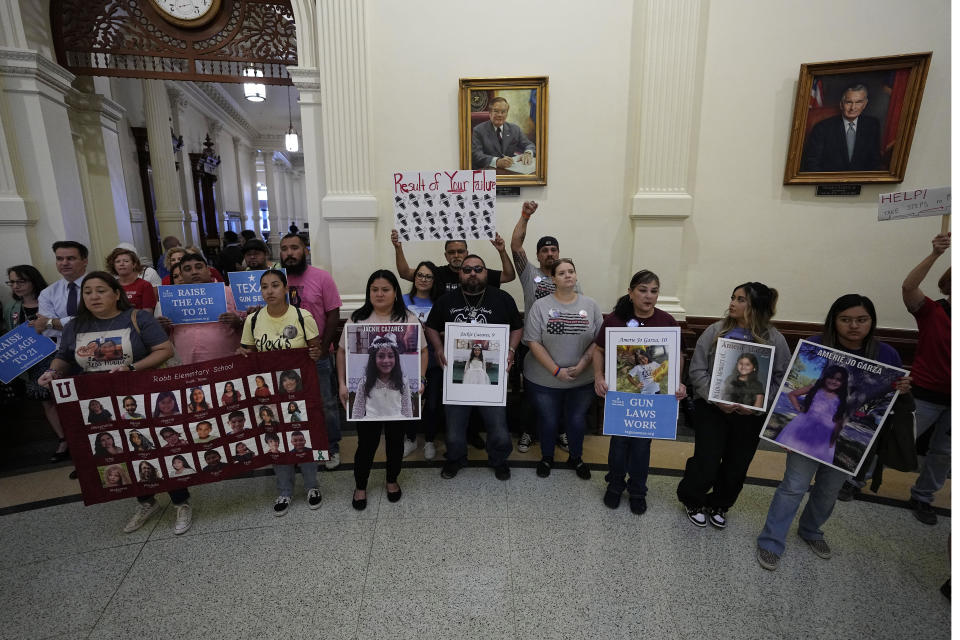 Protesters gather at the Texas State Capitol in Austin, Texas, Monday, May 8, 2023, to call for tighter regulations on gun sales. A gunman killed several people at a Dallas-area mall Saturday. / Credit: Eric Gay / AP