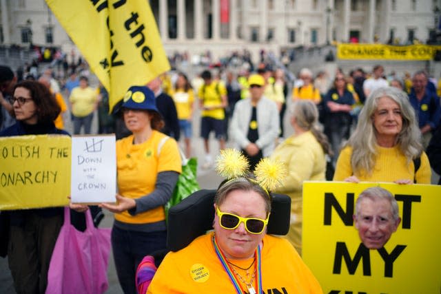 People take part in a rally by anti-monarchy pressure group Republic in Trafalgar Square