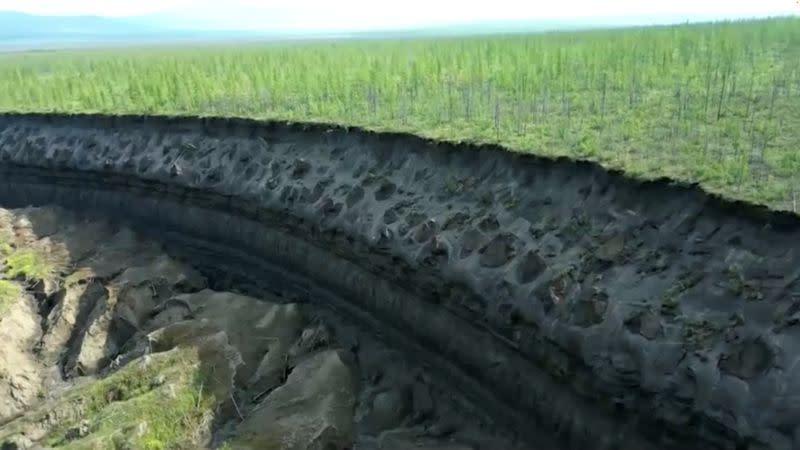 Drone footage of permafrost crater thawing in Russia's Far East as planet warms