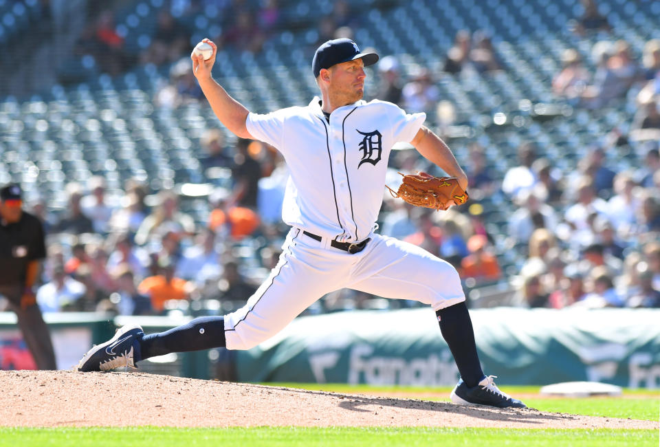 DETROIT, MI - SEPTEMBER 26:  Jordan Zimmermann #27 of the Detroit Tigers pitches during the game against the Minnesota Twins at Comerica Park on September 26, 2019 in Detroit, Michigan. The Twins defeated the Tigers 10-4.  (Photo by Mark Cunningham/MLB Photos via Getty Images)