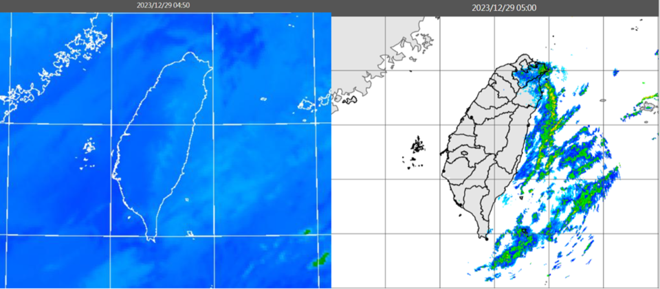 今晨4時50分紅外線色調強化雲圖顯示，迎風面仍有低層雲（左圖）。5時雷達回波合成圖顯示，低層雲伴隨降水回波（右圖）。（翻攝自三立準氣象.老大洩天機）