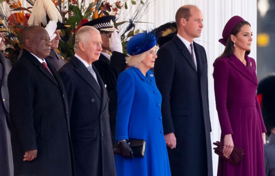 london, england   november 22 l r president of the republic of south africa, president cyril ramaphosa with king charles iii and camilla, queen consort and prince william, prince of wales with catherine, princess of wales during the ceremonial welcome on horse guards parade where the president, accompanied by the king, inspected the guard of honour after the south african national anthem was played on november 22, 2022 in london, england this is the first state visit hosted by the uk with king charles iii as monarch, and the first state visit here by a south african leader since 2010 photo by mark cuthbertuk press via getty images