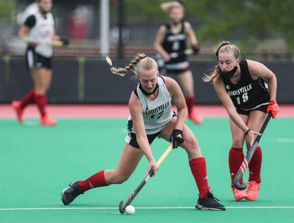 Midfielders Mia Duchars, left, and Minna Tremonti were among the seven U of L field hockey players named to the 2023 National Field Hockey Coaches Association Division I All-West Region teams.