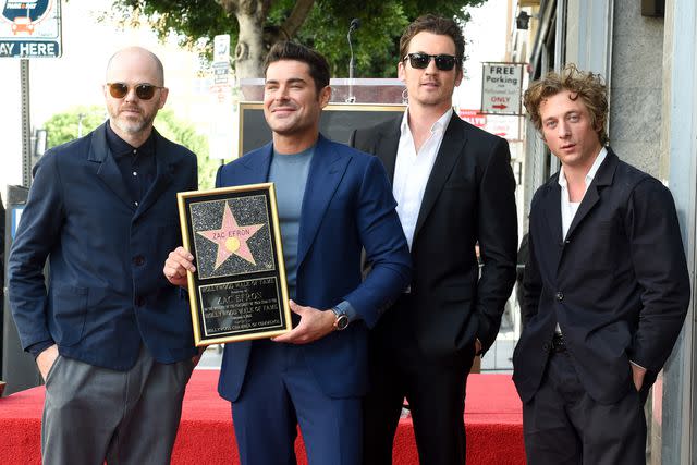<p>Gilbert Flores/Variety via Getty</p> Sean Durkin, Miles Teller, and Jeremy Allen White attend Zac Efron's Hollywood Walk of Fame ceremony