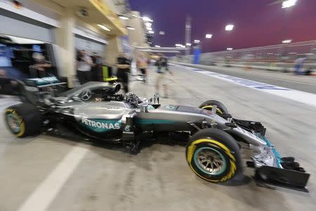 Formula One - Bahrain Grand Prix - Sakhir, Bahrain - 01/04/16 - Mercedes Formula One driver, Nico Rosberg of Germany leaves the pitlane during the second practice. REUTERS/Hamad I Mohammed.