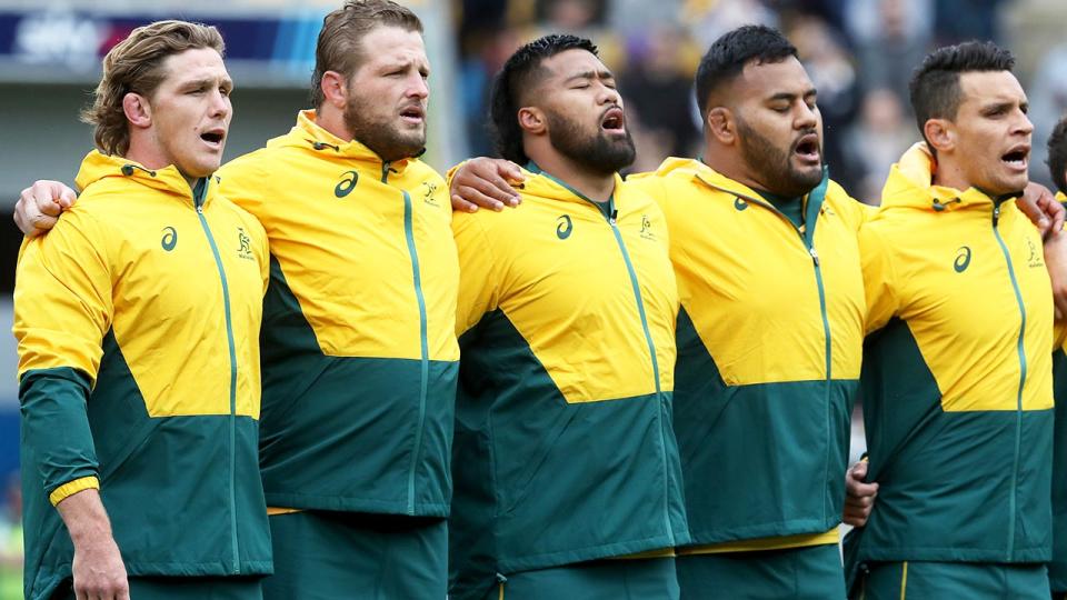 Wallabies players, pictured here singing the national anthem before their Bledisloe Cup clash with the All Blacks.