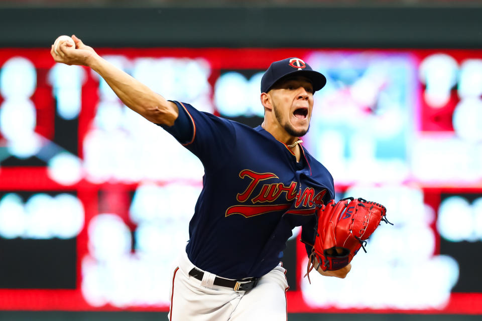 Sep 21, 2019; Minneapolis, MN, USA; Minnesota Twins starting pitcher Jose Berrios (17) delivers a pitch against the Kansas City Royals at Target Field. Mandatory Credit: David in the first inning Berding-USA TODAY Sports