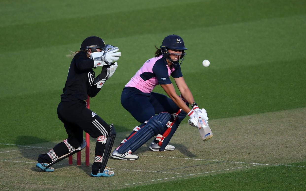 Natasha Miles of Middlesex bats watched on by Rhianna Southby of Surrey during the London Cup T20 match between Surrey Women and Middlesex Women at The Kia Oval on July 22, 2020 in London, England - Alex Davidson/Getty Images