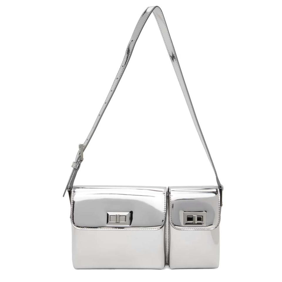 silver handbag with buckle clasp