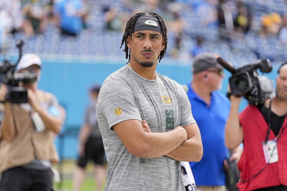 Green Bay Packers' Jordan Love watches before an NFL football game against the Tennessee Titans Sunday, Sept. 22, 2024, in Nashville, Tenn. (AP Photo/George Walker IV)