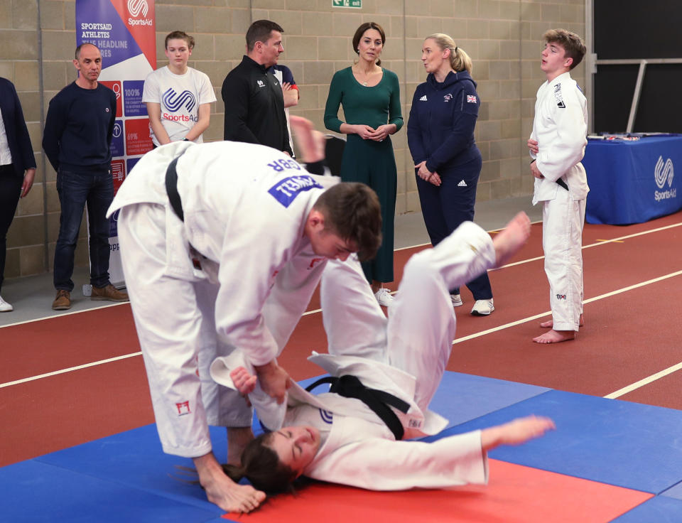LONDON, ENGLAND - FEBRUARY 26: Catherine, Duchess of Cambridge watches a Judo display during a SportsAid Stars event at the London Stadium in Stratford on February 26, 2020 in London, England. (Photo by Yui Mok - WPA Pool/Getty Images)