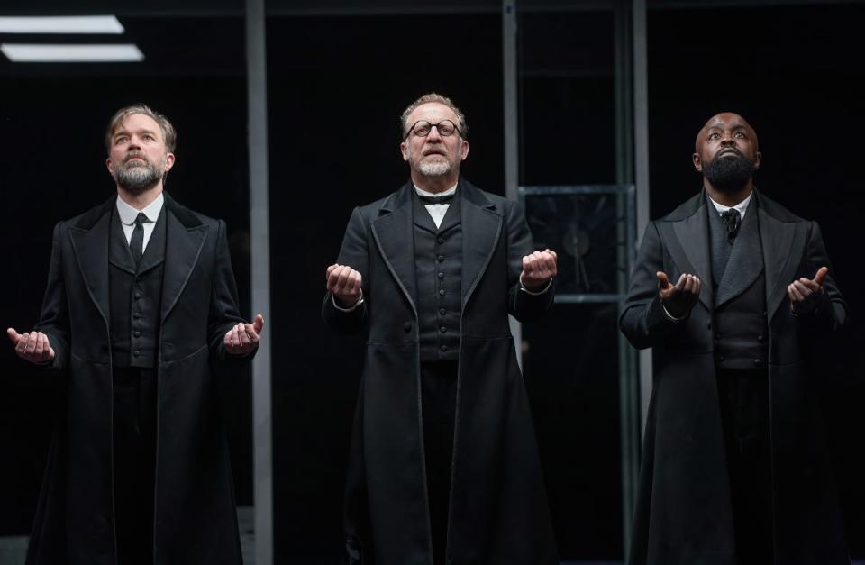 From left, Hadley Fraser, Nigel Lindsay and Michael Balogun in The Lehman Trilogy (Photo by Mark Douet)