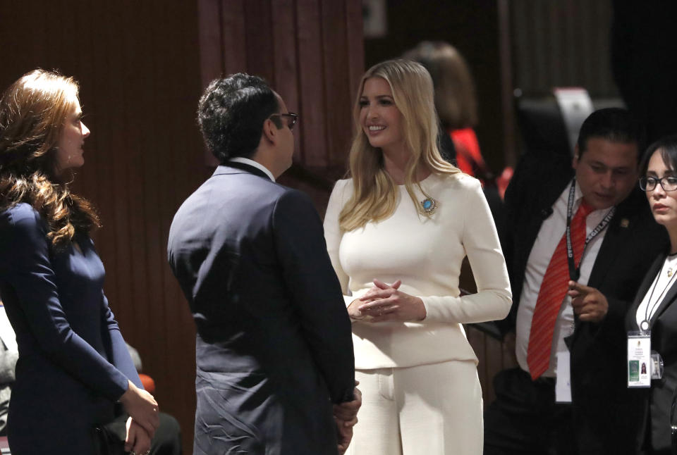 Ivanka Trump, the daughter and assistant to President Donald Trump, arrives at the National Congress to attend the inauguration of President-elect Andres Manuel Lopez Obrador, in Mexico City, Saturday, Dec. 1, 2018. (AP Photo/Marco Ugarte)