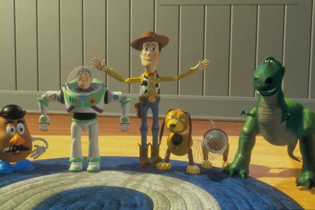 <p>Moviestore/Shutterstock</p> Mr. Potato Head, Buzz Lightyear, Woody, Slinky and Rex in 'Toy Story'