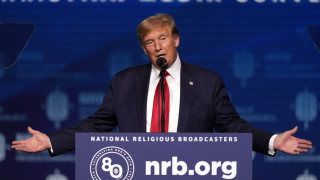 Republican presidential candidate former President Donald Trump speaks at the National Religious Broadcasters.