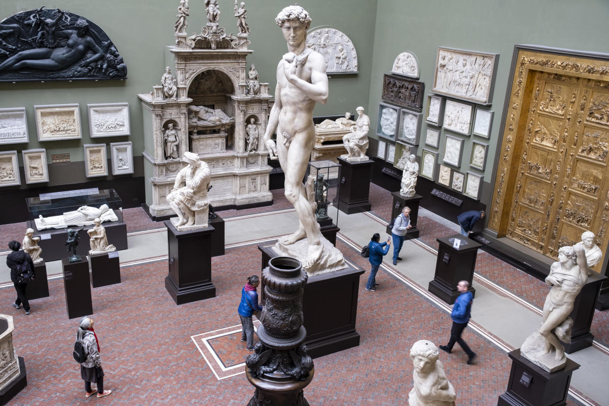 A reproduction of Michelangelo's David statue at the Victoria and Albert Museum in London.