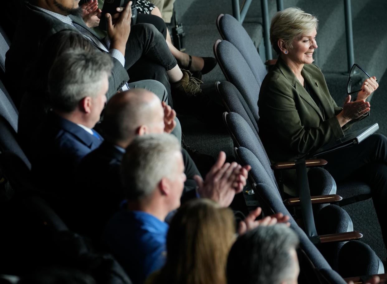 U.S. Department of Energy Secretary Jennifer M. Granholm and the crowd claps as Milwaukee County Executive David Crowley introduces Granholm Wednesday, March 27, 2024 inside of Discovery WorldÕs theater in Milwaukee. She delivers a speech on the AdministrationÕs whole-of-government approach to industrial policy ensuring American businesses and American workers remain at the forefront of the global economy. Ebony Cox / Milwaukee Journal Sentinel