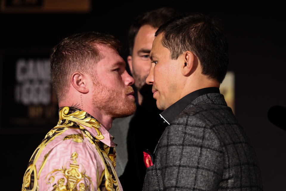 NEW YORK, NEW YORK - JUNE 27: Boxers Canelo Alvarez (L) and Gennady Golovkin (R) face off during a press conference on June 27, 2022 in New York City. (Photo by Dustin Satloff/Getty Images)