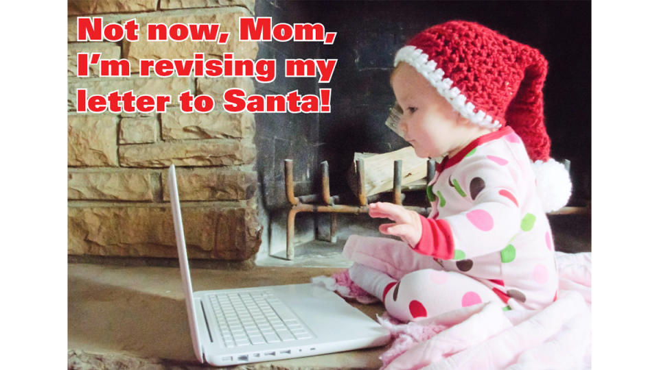 Christmas memes: Baby on laptop with caption, 