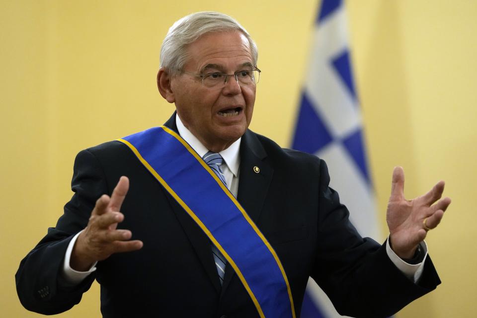 US Senator Bob Menendez, chairman of the Senate Foreign Relations Committee speaks after he awarded with the Grand Cross of the Order of the Redeemer by Greek President Katerina Sakellaropoulou at the Presidential Palace in Athens, Friday, Aug. 27, 2021. Menendez on his two-day trip in Greece, discussed with top Greek officials the strategic relationship between Greece and the US as well as developments in the eastern Mediterranean and the Middle East. (AP Photo/Thanassis Stavrakis)