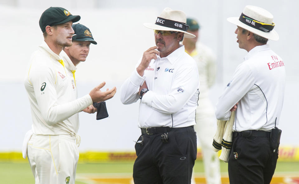 Cameron Bancroft, pictured here after he was caught rubbing sandpaper on the ball in 2018.