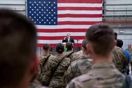 Secretary of State Mike Pompeo speaks to the coalition forces at Bagram Air Base, Afghanistan July 9, 2018. Andrew Harnik/Pool via Reuters