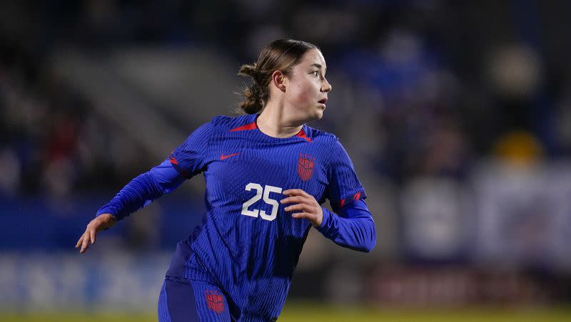 United States’ Olivia Moultrie participates in a women’s international friendly soccer match between the United States and China, Tuesday, Dec. 5, 2023, in Frisco, Texas.