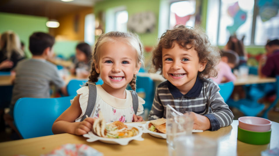 Young children smiling widely as they have lunch in a bright and fun educational center.