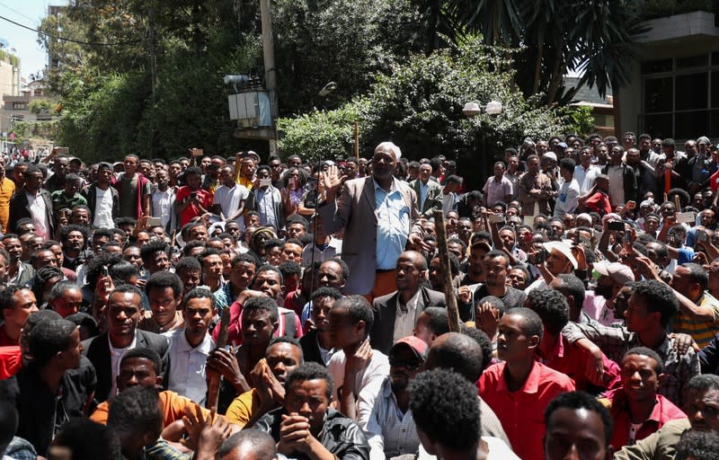 An Oromo elder chants slogans during a protest in-front of Jawar Mohammed’s house, an Oromo activist and leader of the Oromo protest in Addis Ababa