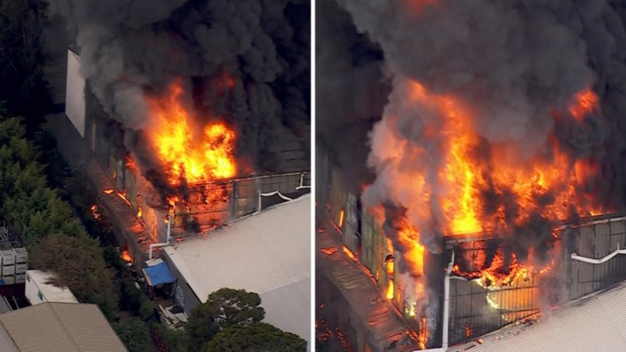A factory has been engulfed in flames in Sydney's west. Picture: Seven