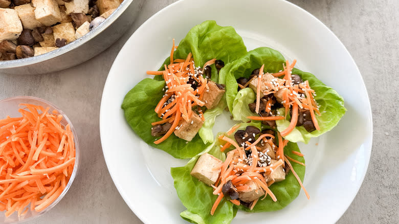 close up tofu and mushroom lettuce wraps