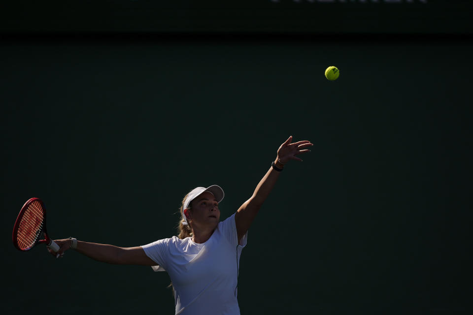 Donna Vekic, of Croatia, serves against Caroline Wozniacki, of Denmark, at the BNP Paribas Open tennis tournament in Indian Wells, Calif., Friday, March 8, 2024. (AP Photo/Ryan Sun)