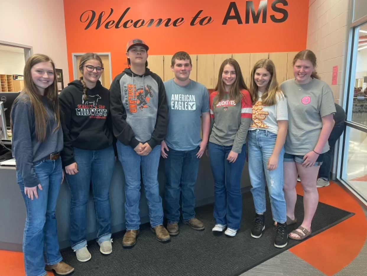 Ashland FFA Middle School Milk Quality and Products team members are Sydney Spellman, left, Paelyn Wilson, Brandon Keiser, Thomas O'Toole, Hannah McNaul, Gwenyth Miller and Kayle Stoffer. The team placed first at state competition.