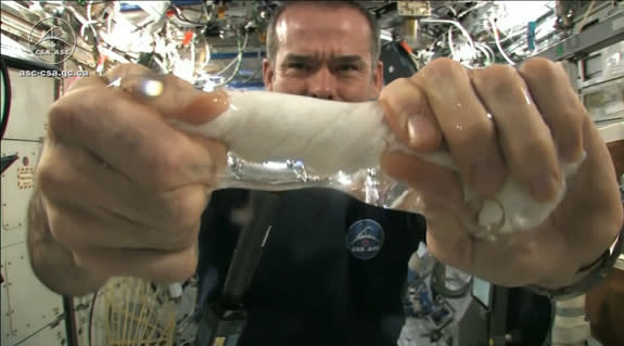 Canadian astronaut Chris Hadfield shows just what happens to a wet washcloth in space when you wring it out without the help of gravity. The result: a "tube" of water. Hadfield demonstrated the phenomenon as part of a student experiment on April 18, 2013.