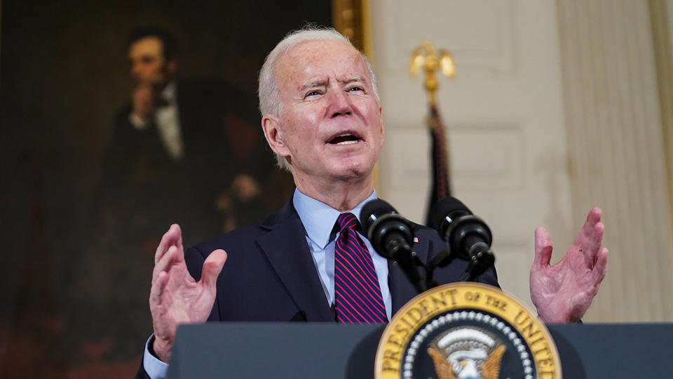 U.S. President Joe Biden delivers remarks on the state of the U.S. economy and the need to pass coronavirus disease (COVID-19) aid legislation during a speech in the State Dining Room at the White House in Washington, U.S., February 5, 2021. REUTERS/Kevin Lamarque