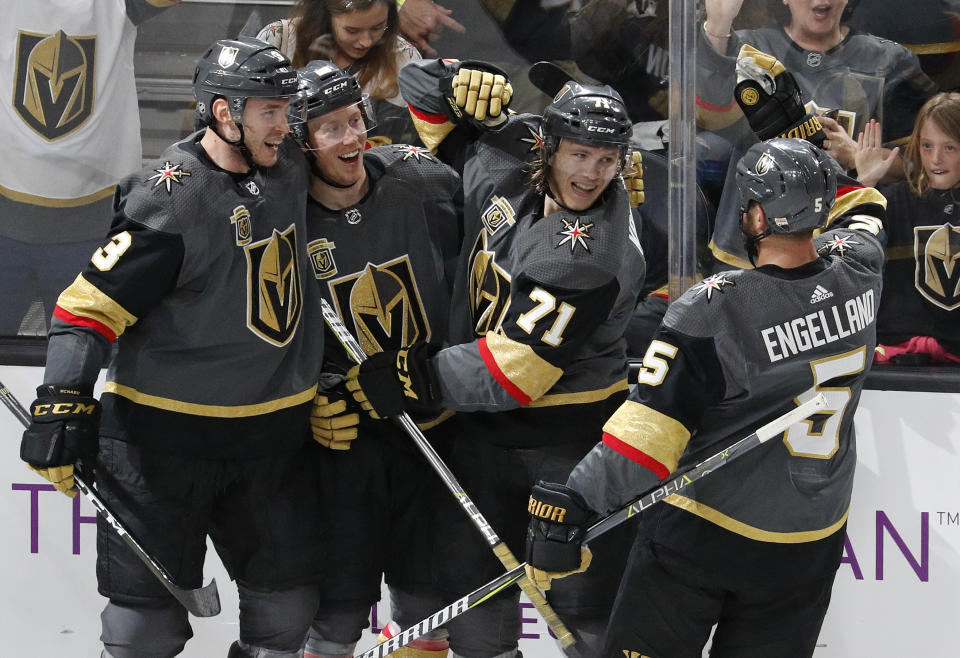 The Vegas Golden Knights have supplied plenty of surprises this season, including William Karlsson’s (71) breakout campaign. (AP Photo/John Locher)