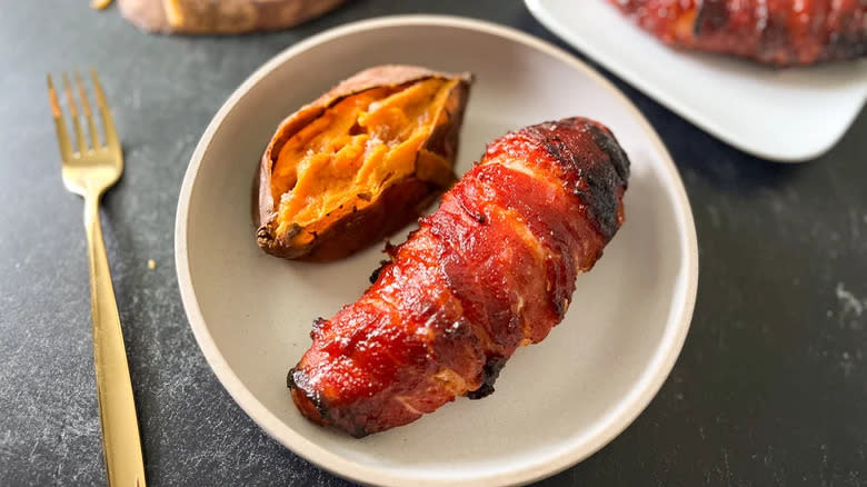 bacon wrapped meat sweet potato