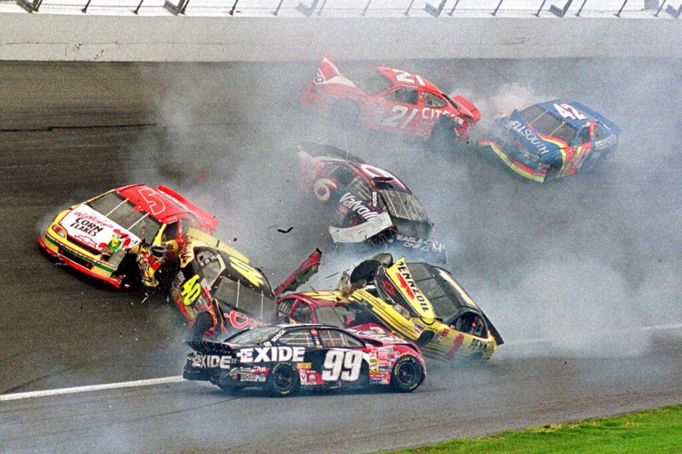 Jeff Burton, in the No. 99, was always well aware of how things can go wrong quickly at Daytona. This "Big One" came in the 1999 Daytona 500.