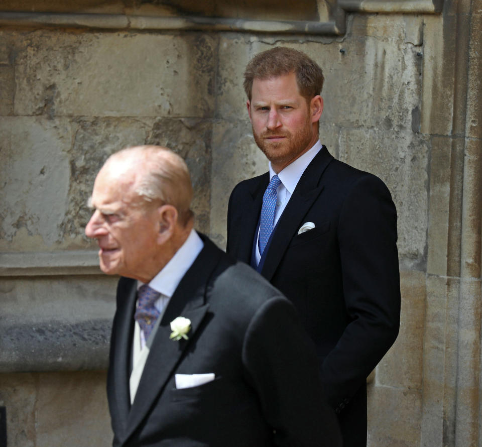 Prince Harry pictured with his late grandfather, Prince Philip at the wedding of Lady Gabriella Windsor to Thomas Kingston at St George's Chapel, Windsor Castle on May 18, 2019