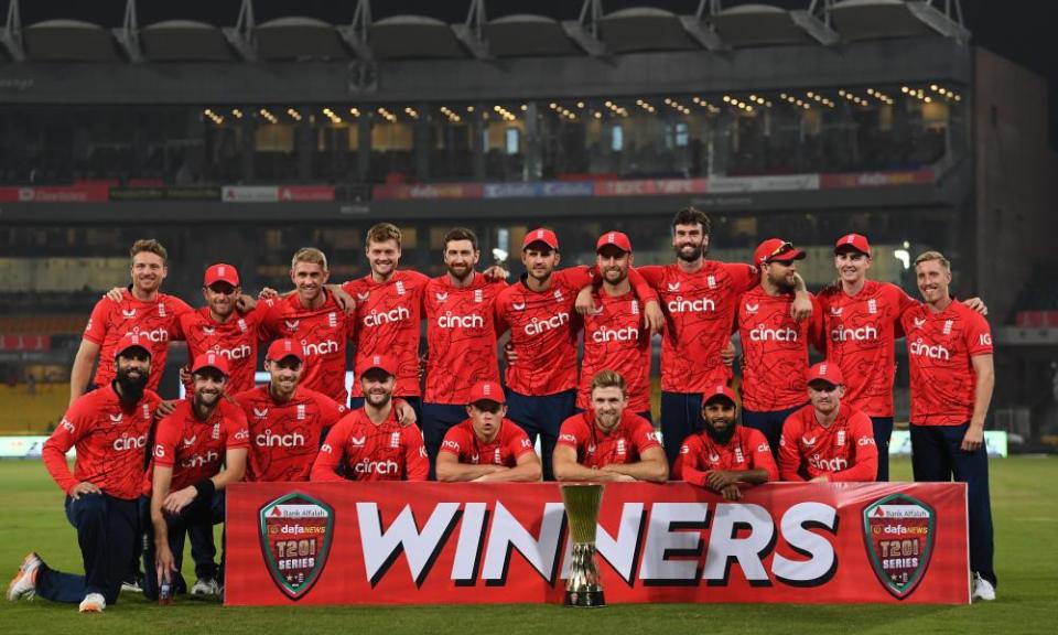 England celebrate with the series trophy after winning the deciding match