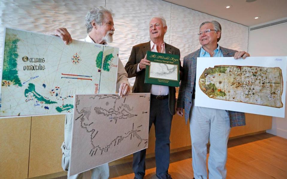 Archaeologist Bob Carr and authors Todd Turrell and Brian Schmitt of the book, “The Florida Keys: A History Through Maps,” display maps from 1502, 1511 and 1500 that they say add to the evidence that Ponce de Leon was not the first European to discover Florida.